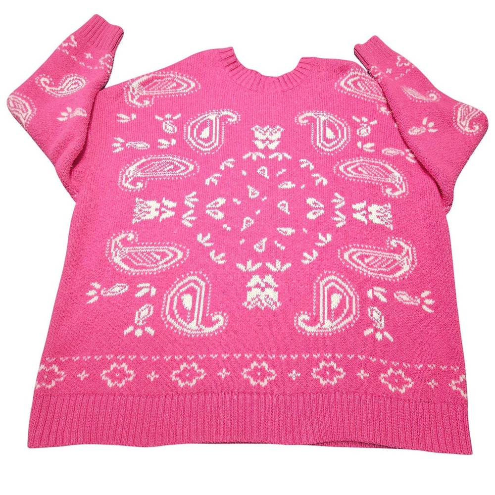 American Eagle Pink Paisley Bandana Knit Crewneck Sweater Large Boho Western